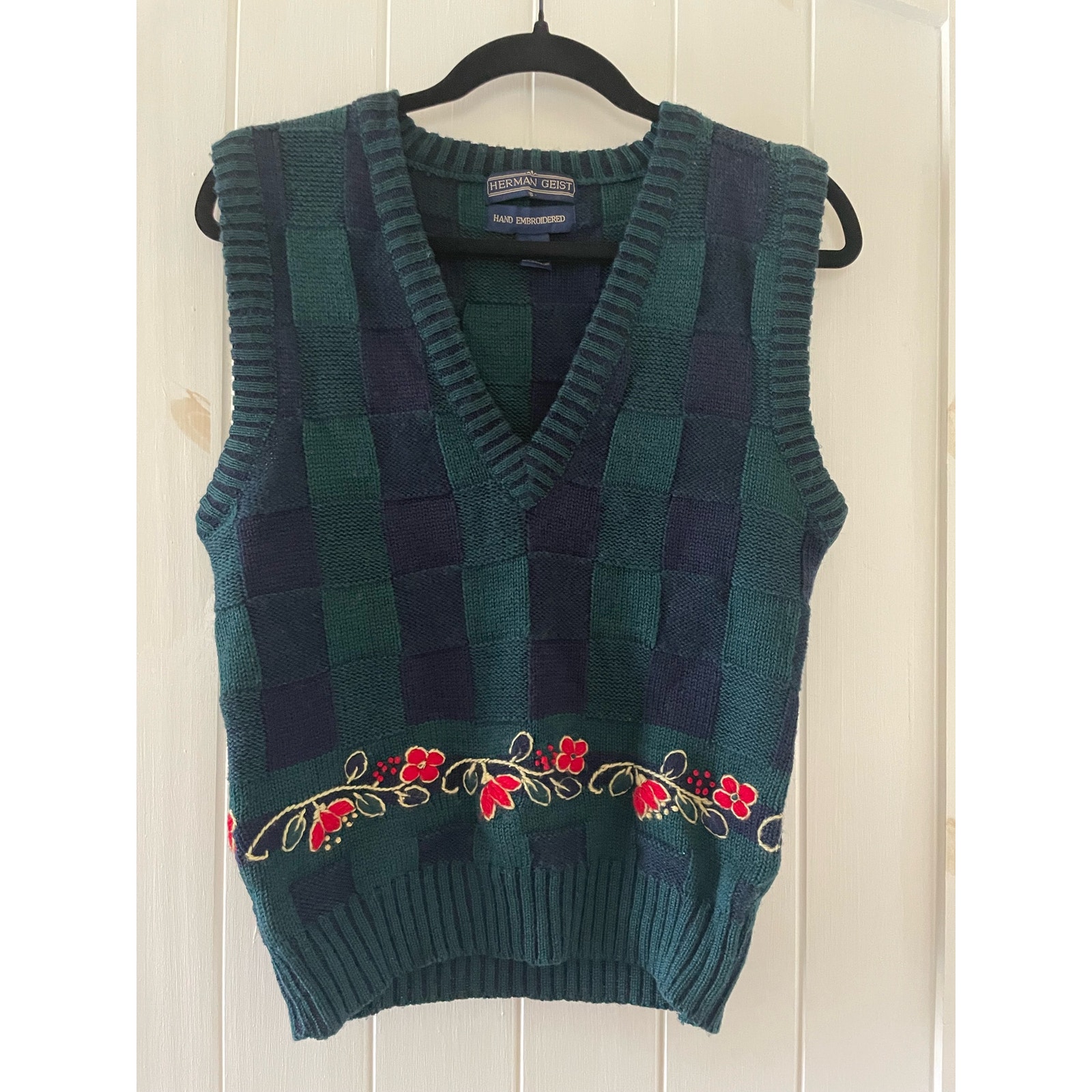 Vintage Knit Vest Sweater Herman Geist Hand Embroidered Green Size S Wool